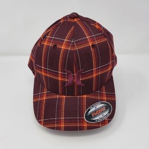 HURLEY FLEXFIT MAROON AND ORANGE PLAID FITTED BASEBALL HAT